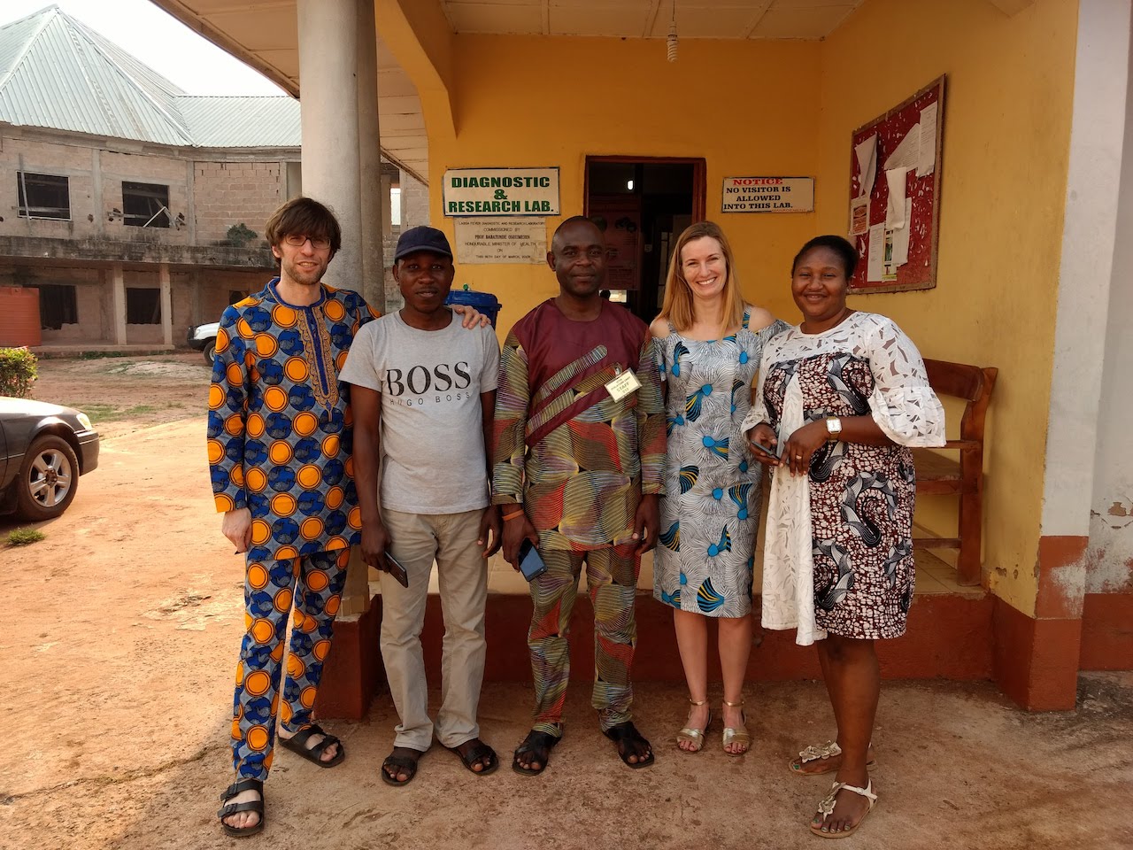 Wearing traditional Nigeran dresses. Right to left: Eghosa Uyige, Kayla Barnes, Ikponmwosa Odia, John Aiyepada, and myself